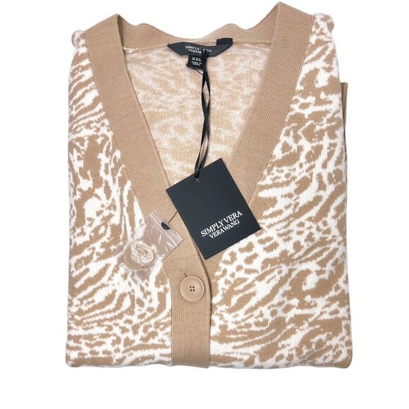 Simply Vera Wang Tan Animal Print Knit Cardigan Button Sweater Plus Sz XXL New - Picture 2 of 9